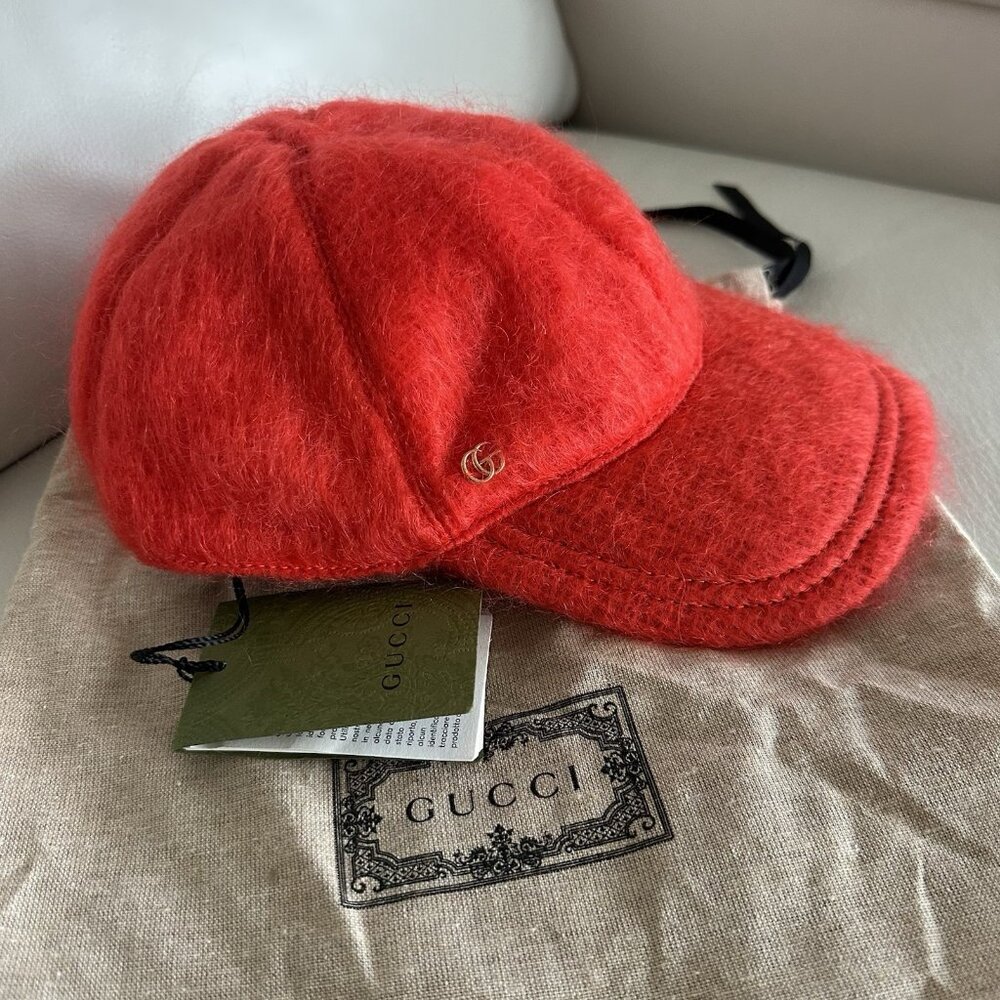 New Authentic Gucci GG Logo Mohair Orange Baseball Hat Size S